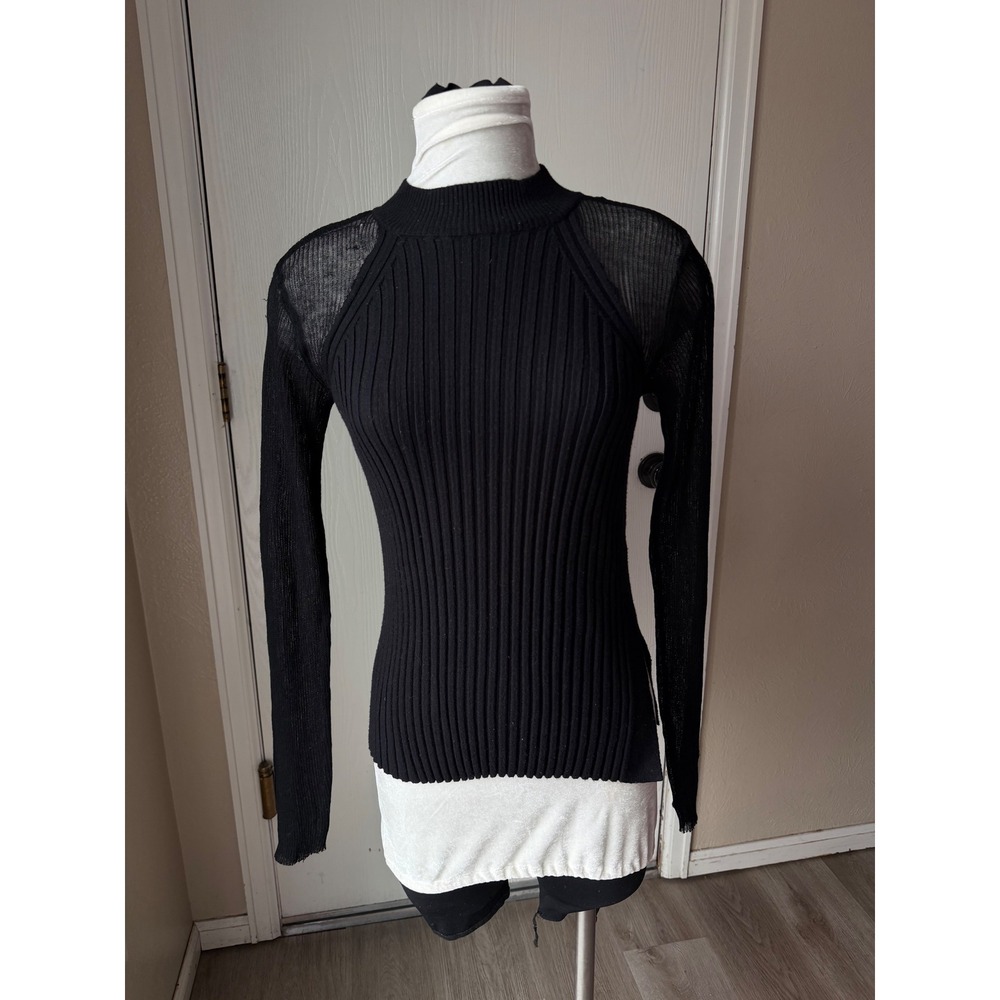 Zara Black Ribbed Mock Neck Top with Sheer Long Sleeves Small
